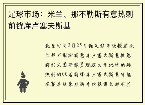足球市场：米兰、那不勒斯有意热刺前锋库卢塞夫斯基