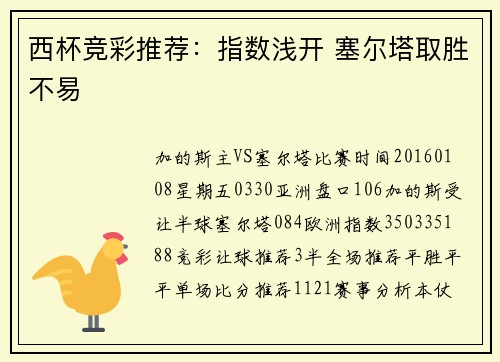 西杯竞彩推荐：指数浅开 塞尔塔取胜不易